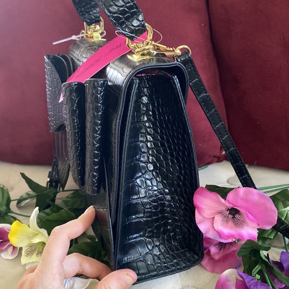 Betsey Johnson Double Bow Top Handle Crossbody + Satchel, Black & Gold - Picture 3 of 13